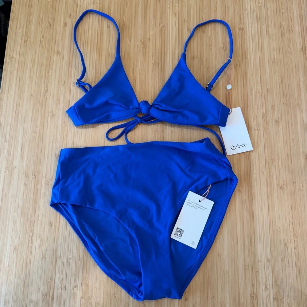 Quince Blue High Waisted Bikini Set Front Knot Triangle Top XS Bathing Sui